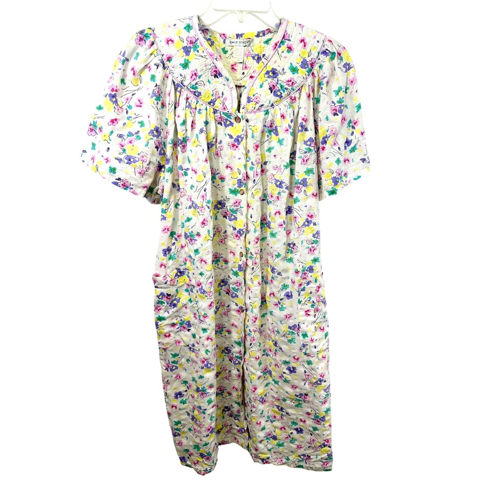 VTG Emily Stacy Plus Size 1X Housecoat Pink Floral Seersucker Robe Grandma 1226
